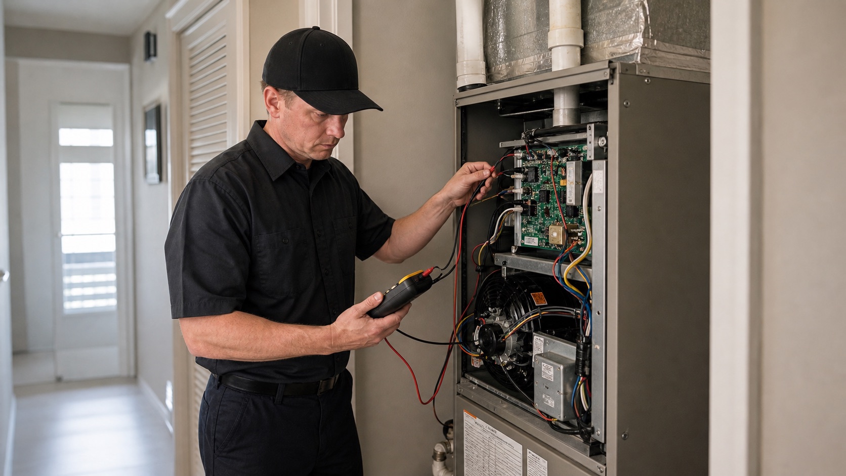 Bayou Air Benders technician performing advanced HVAC electrical diagnostics on a residential air handler in a hallway utility closet