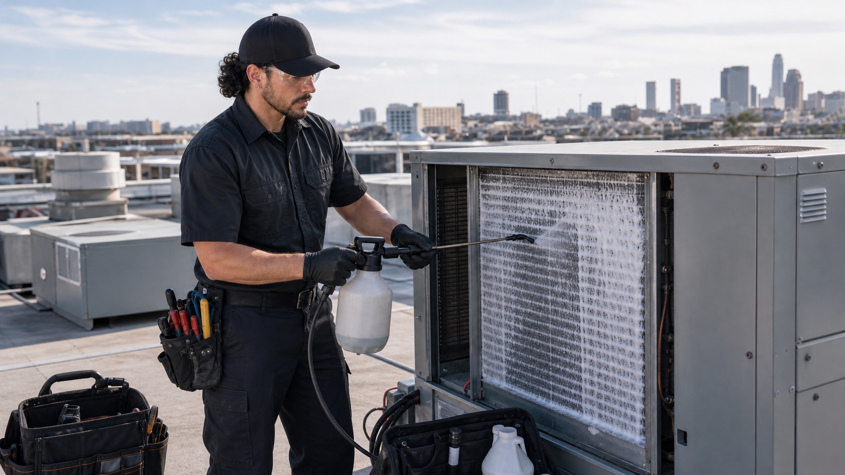 Bayou Air Benders owner performing commercial rooftop package unit preventative maintenance with foaming coil cleaner