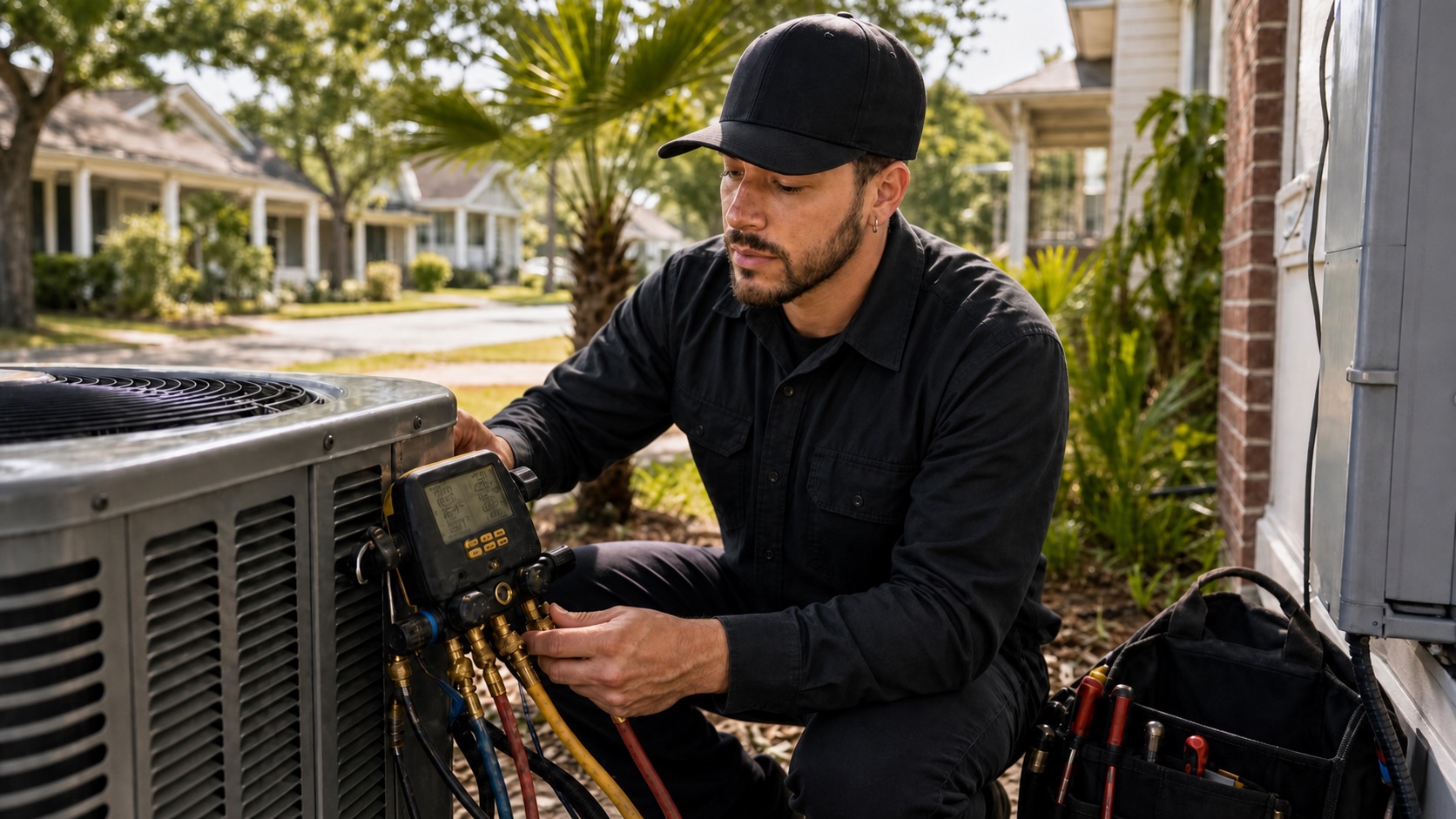 Bayou Air Benders technician performing preventative maintenance with digital gauges on an outdoor HVAC condenser