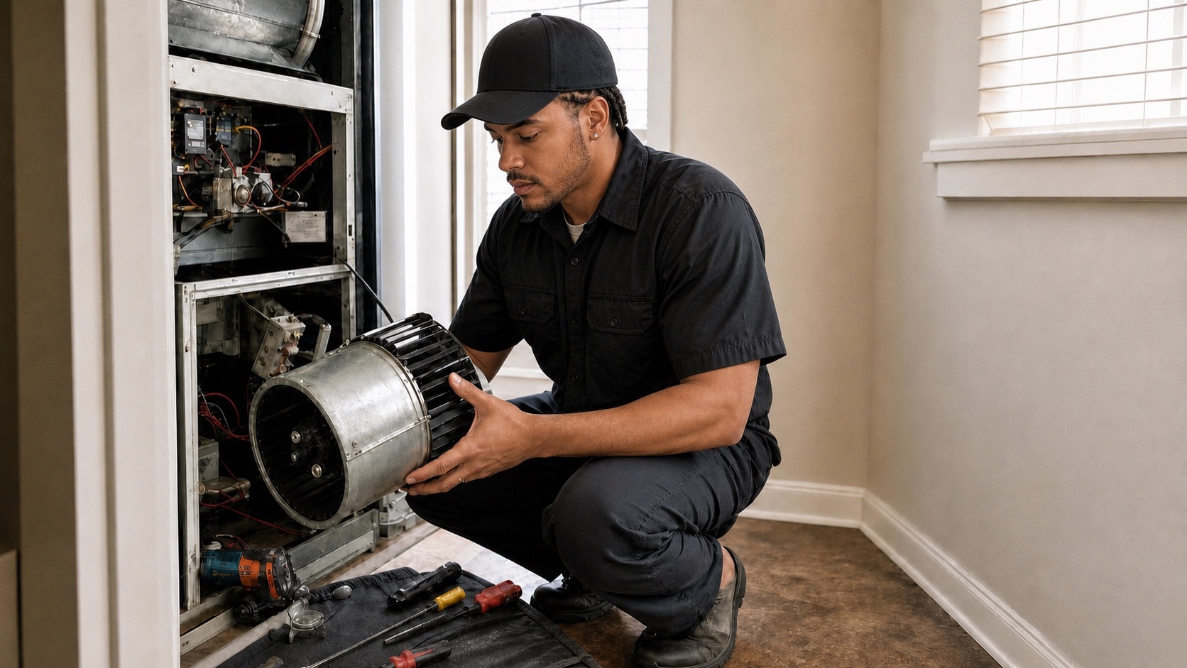 Bayou Air Benders technician with neat short dreadlocks completing residential HVAC blower motor repair inside a home